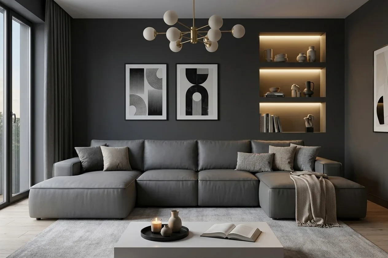 Диван в экокоже Aurora Grey в интерьере